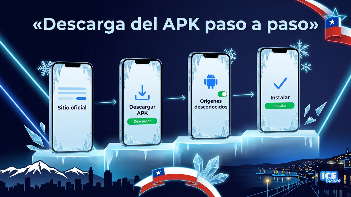 Cuatro pantallas de celular en secuencia que muestran cómo descargar e instalar el APK oficial de Ice Casino en Android