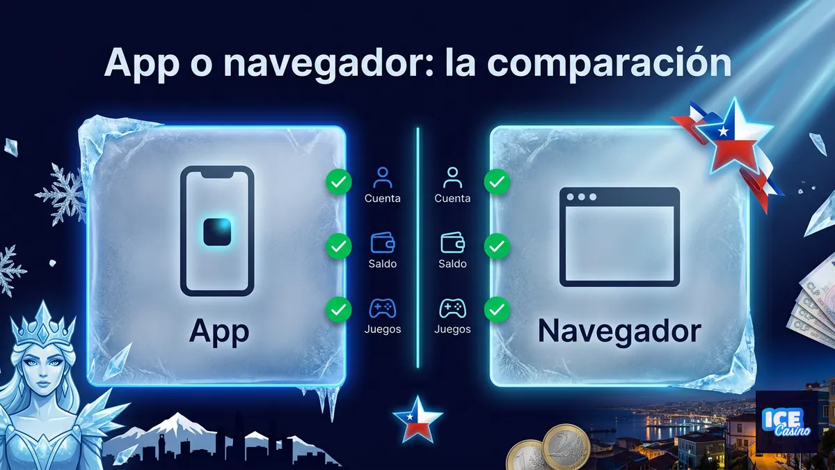Comparación visual entre la app y el navegador de Ice Casino, mostrando que cuenta, saldo y juegos son iguales en ambos