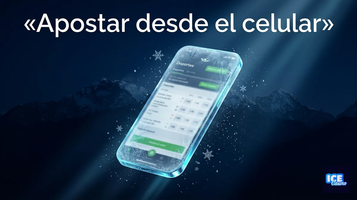Mockup de teléfono helado con la app de apuestas deportivas de Ice Casino Chile y fondo de Andes nevados