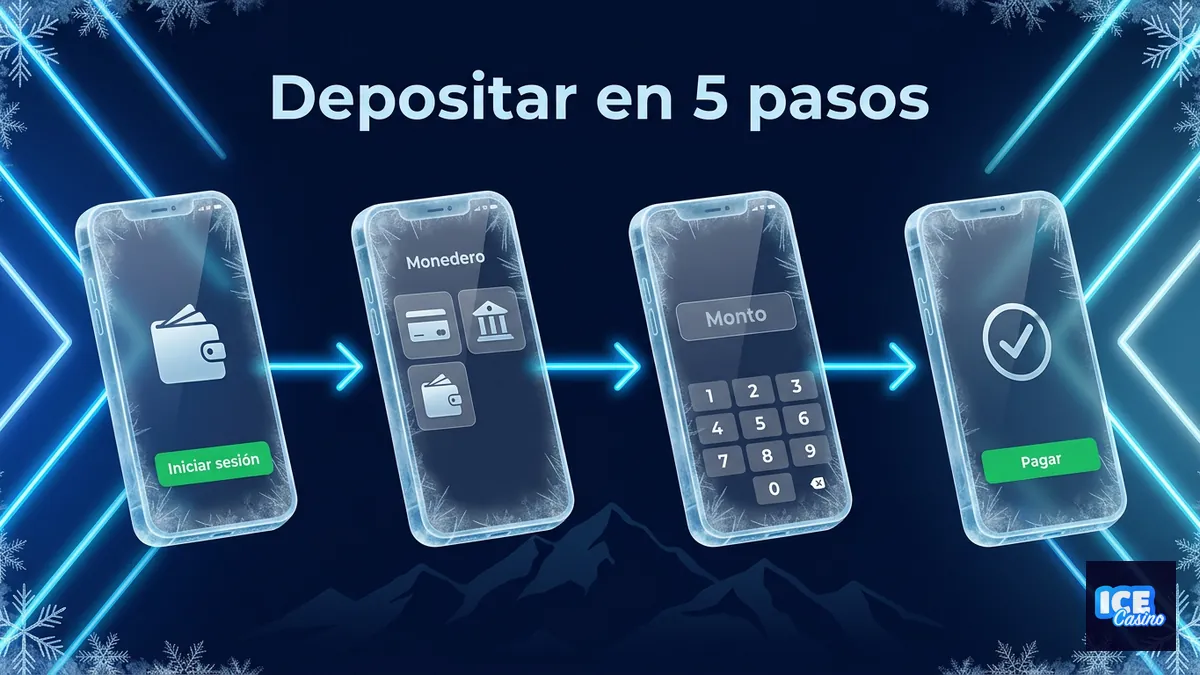 Secuencia de cuatro pantallas heladas mostrando los pasos para depositar en Ice Casino Chile