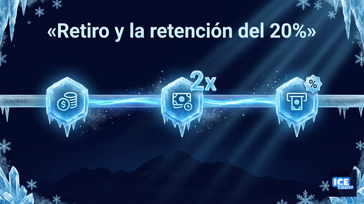Línea de tiempo helada del depósito al retiro mostrando la retención del 20 por ciento en Ice Casino Chile