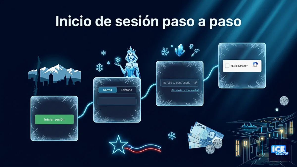 Cuatro pantallas mostrando el paso a paso para iniciar sesión en Ice Casino en Chile