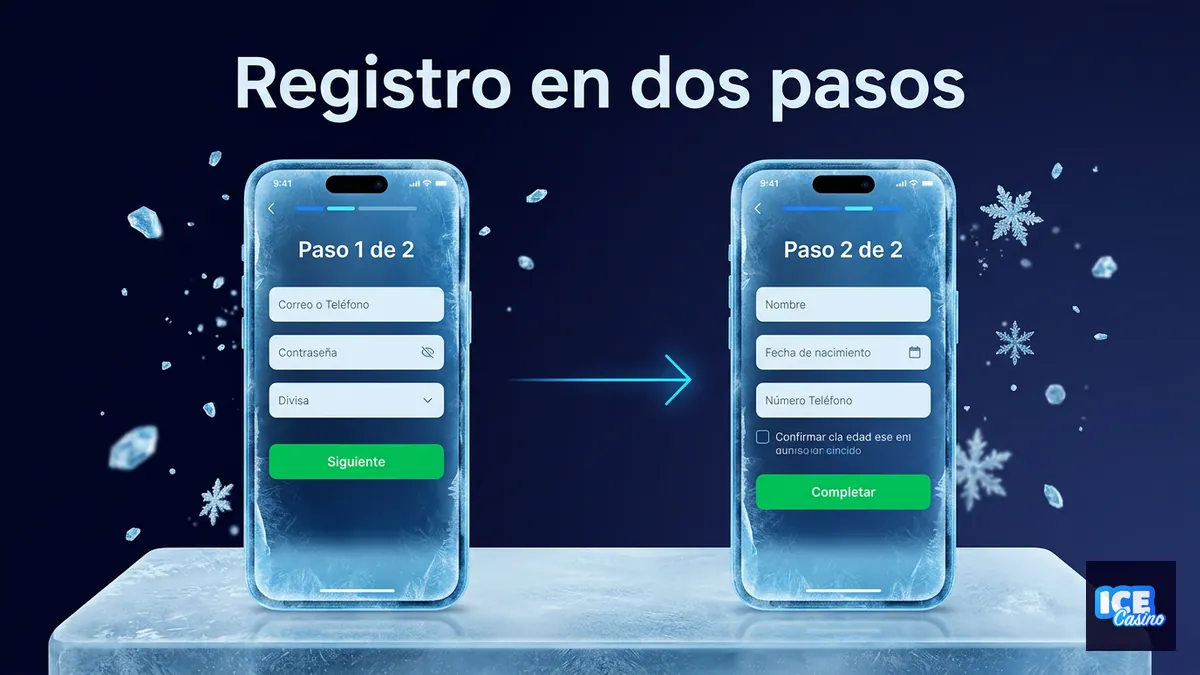 Dos pantallas del formulario de registro de Ice Casino Chile: paso 1 y paso 2 con campos en español