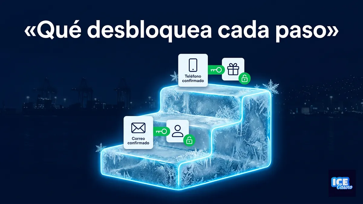 Ilustración de Ice Casino Chile: confirmar correo y teléfono desbloquean acceso y bono