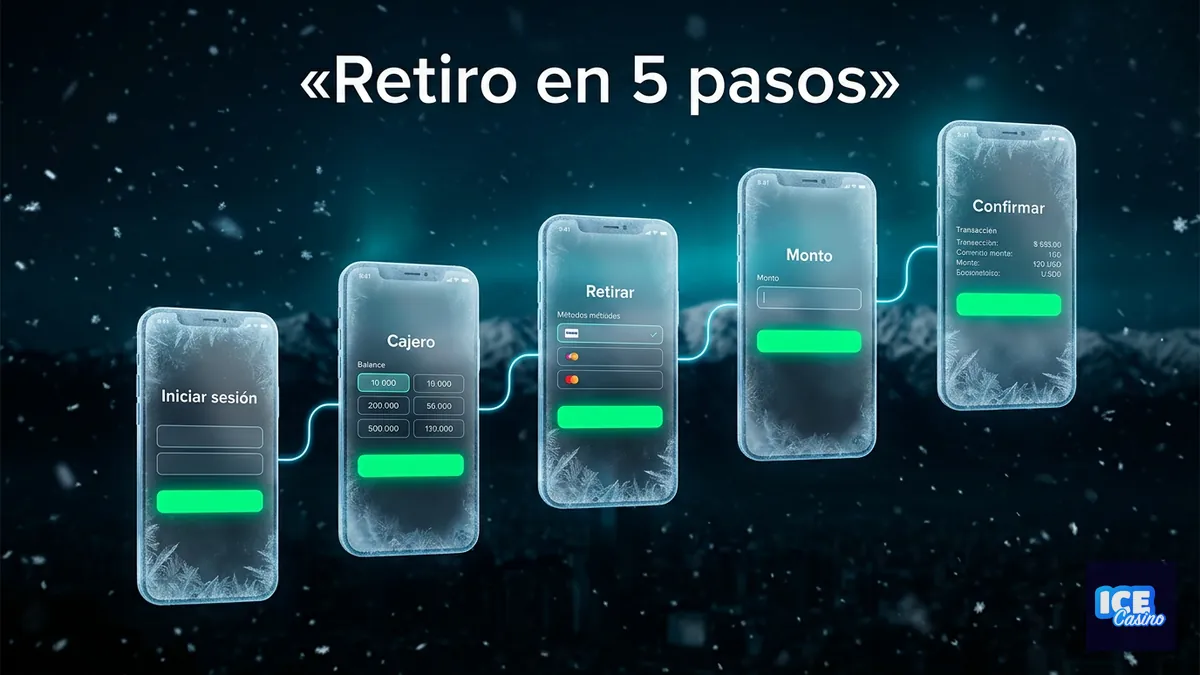 Secuencia de cinco pasos para retirar dinero en Ice Casino Chile mostrada en pantallas de celular